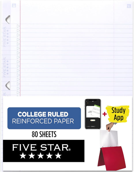 Five Star Loose Leaf Paper  Study App, College Ruled Filler Notebook Paper, Reinforced, Fights Ink Bleed, 8-1/2 inch x 11 inch, 80 Sheets (170102)