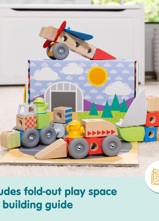 Melissa & Doug BlockablesTM Vehicles Snap and Play, Mix and Match Connectable Wooden Building Blocks Play Set Toy for Preschool Boys and Girls (54 Pcs)