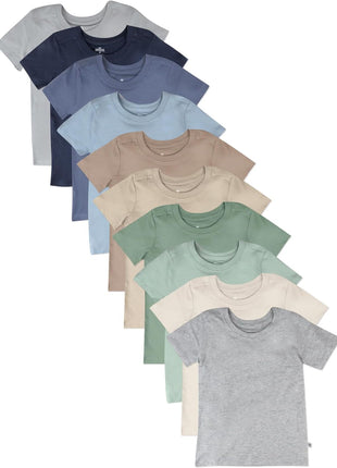 HonestBaby 10-Pack Short Sleeve T-Shirts 100% Organic Cotton Baby, Toddler, Little Kids, Boys, Girls, Unisex, Rainbow Gems Blues, 3T