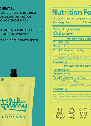 Filthy Margarita Mix, Premium Cocktail Mixer - 32 Oz Pouch | All-Natural Ingredients, Made with Fresh Florida Lime Juice & Organic Agave Nectar - Non-GMO, Gluten-Free & Vegan