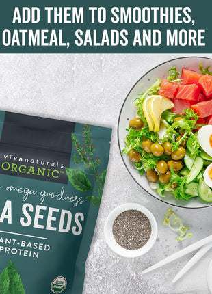 Viva Naturals Organic Chia Seeds, 2 lb, 32 Oz – Plant-Based Omega-3 and Vegan Protein, Gluten Free & Non-GMO, Perfect for Smoothies, Salads & Chia Pudding