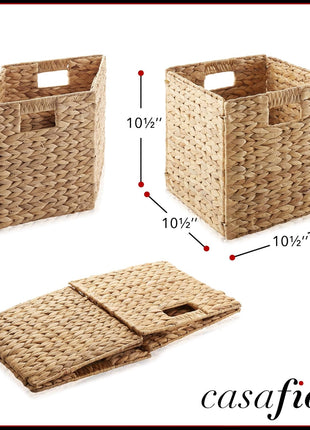 Casafield 10.5 inch x 10.5 inch Water Hyacinth Storage Baskets, Natural   Set of 4 Collapsible Cube Organizers, Woven Bins for Bathroom, Bedroom, Laundry, Pantry, Shelves