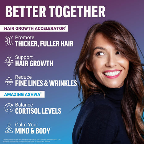 Hair Growth Accelerator Capsules, Lustriva & Biotin to Promote Thicker, Stronger, Fuller Hair, 90ct + Amazing Ashwa Ashwagandha Supplement with KSM-66 Ashwagandha for Stress, 120 Tablets
