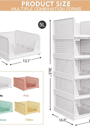 5 Pack Stackable Closet Storage Basket - Stackable Storage Bins, Multifunctional & Foldable Closet Organizer Waterproof, Wardrobe Cupboard Space-Saving Hat Storage Drawer Organizer, White