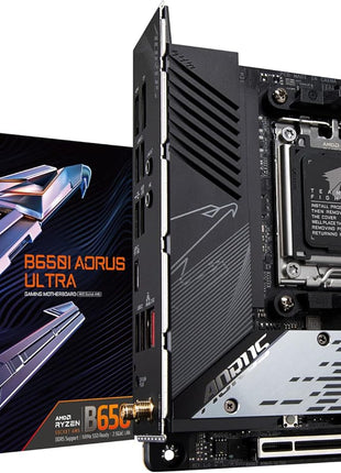 GIGABYTE B650I AORUS Ultra AMD AM5 ITX Motherboard, Support Ryzen 9000/8000/7000 Series, DDR5, 8+2+1 Power Phase, PCIe 5.0 M.2, USB-C 3.2 Gen 2, WIFI6E, 2.5GbE, EZ-Latch, Q-Flash, RGB Fusion