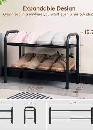 Gonfoam 2 Tier Expandable Shoe Rack,Adjustable Shoe Shelf Storage Organizer Heavy Duty Metal Free Standing Shoe Rack for Entryway Closet Doorway (Black)