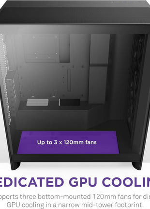 NZXT H7 Flow - Mid-Tower ATX Airflow PC Case - Black | Airflow-first ATX mid-tower. Bottom-mount fans for direct GPU cooling, 420mm front radiator support, clean cable routing.