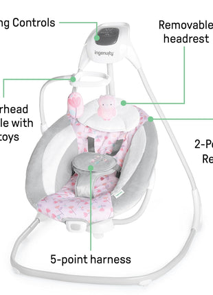 Ingenuity SimpleComfort Lightweight Compact 6-Speed Multi-Direction Baby Swing, Vibrations & Nature Sounds, 0-9 Months 6-20 lbs (Pink Cassidy) | Compact & Portable, Hands Free Soothing for Fussy Babies, Vibrations & USB Power for Newborns, 6-20 lbs