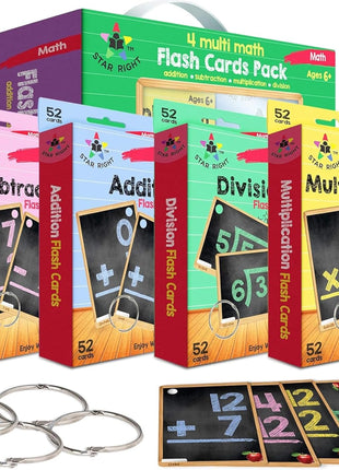 Star Right Math Flash Cards Set of 4 - Addition, Subtraction, Multiplication, Division with 4 Rings - 208 Cards for Kids Ages 6 and Above - Flash Card from 1st to 4th Grade