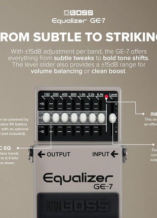 BOSS GE 7 Equalizer | Compact Graphic Equalizer Pedal | Tailored for Guitarists | 7 Bands of EQ Sliders | Guitar Optimized Frequencies |  ?15dB Boost/Cut Per Band | Level Slider for Volume Adjustments