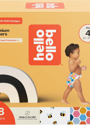 Hello Bello Premium Diapers Size 4 (22-37lbs), Busy Bees & Hive Five Designs, 58ct Club Box