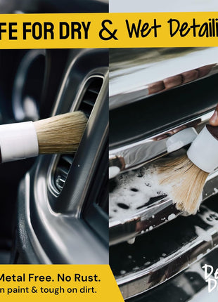 Car Detailing Brush Set 3-pc - Scratch-Free Boars Hair for Interior and Exterior Work - Pro Quality Car Cleaning Brush Kit for Leather Seats, Dashboards, Wheels, Grills and Paint