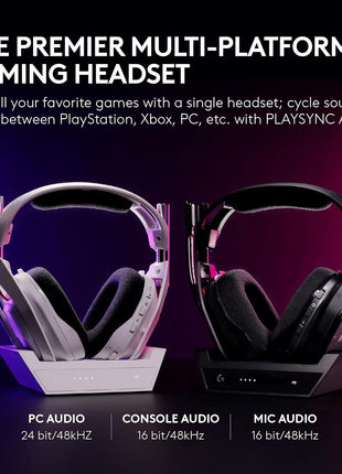 Logitech G Astro A50 Multi-Platform Wireless Gaming Headset + Base Station for PS5/Xbox/PC: PLAYSYNC Audio Switcher, <16bit/48kHz (Console), <24bit/48kHz (PC), 24hr Battery, 2.4GHz & BT - White