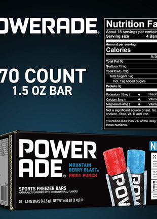 POWERADE Sports Freezer Bars, 1.5 oz, Refreshing Ice Pops with Electrolytes B Vitamins, Naturally Flavored with Other Natural Flavors, Mountain Berry Blast and Fruit Punch, 70 Count