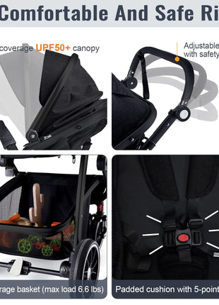 Baby Stroller, 2-in-1 Reversible Toddler Seat with Lie-Flat Mode, Foldable Infant Stroller with Canopy, One Button Brake, Adjustable Handle, Newborn Pushchair (Black B)