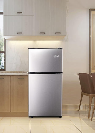 3.5 Cu.Ft Refrigerator with Freezer, 2 Doors Fridge with Adjustable Thermostat Control, Refrigerator for Kitchen, Dorm, Apartment, Garage, Office, Silver