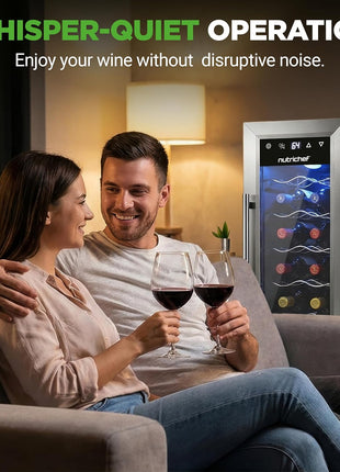 Nutrichef 12 Bottle Stainless Steel Slim Wine Fridge | Red & White Wine Chiller | Adjustable Temperature Control, Ultra Quiet Operation & Energy Efficient | Mini Wine Cooler Refrigerator | 31x10x17 IN