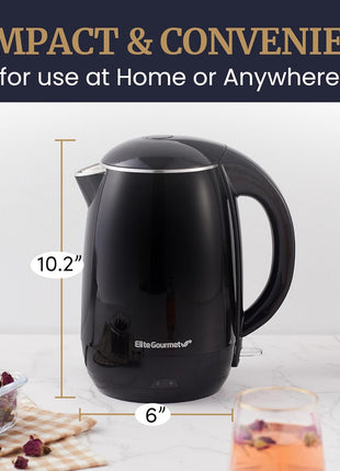 Elite Gourmet EKT1821 1.8L Cool-Touch Kettle, 1500W Stainless Steel, Black | Double Wall Insulated, Stainless Steel Interior & Lid, 360° Swivel Base, Power-On Lever, Auto Shut-Off & Boil-Dry Protection