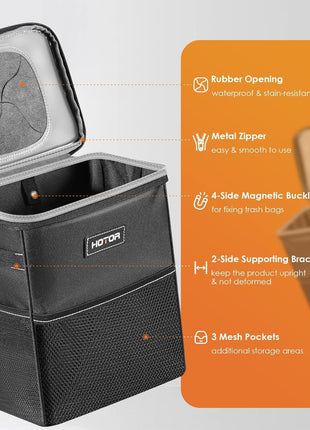 HOTOR Car Trash Can, Compact Waterproof Organizer, Leak-Proof Bin, 2-Gallon | Black, Multifunctional Car Accessory with Adjustable Straps & Magnetic Snaps for Interior Car Storage