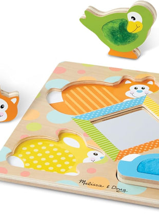Melissa & Doug First Play Peek-a-Boo Pets Wooden Touch and Feel Puzzle with Mirror Mirror Toy for Babies and Toddlers, Sensory Toy Puzzle