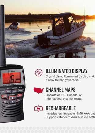 Cobra VHF Marine Radio - MR HH150 FLT - 3 Watt, Floating, Long Range, Handheld, NOAA, International, Waterproof, Submersible, Weather Alerts, LCD Screen, Belt Clip