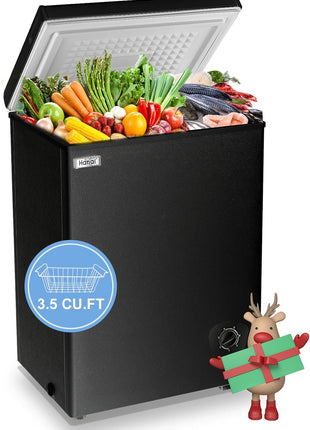 Deep Chest Freezer 3.5 Cu.Ft Mini Freezer Black for Apartment Kitchen | Free-Standing Top Door, 7 Level Adjustable Thermostat, Removable Basket, Low Noise