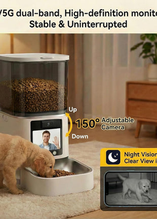 Automatic Cat Feeder with Camera, 2-Way Video& Audio, HD Video with Night Vision, 5G WiFi Pet Feeder, 5L Large Food Storage Container for Multiple Pet, Detachable for Easy Clean (White)