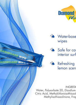 Diamond Wipes Car Wash Wipes with Refreshing Lemon Scent, Pack of 50 Individually Wrapped Wipes, Dashboard Car Accessories Travel Essentials