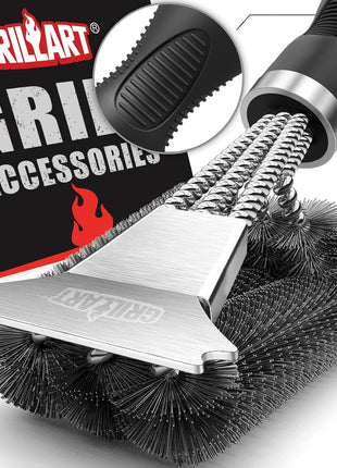 GRILLART Grill Brush and Scraper, Extra Strong BBQ Cleaner Accessories, Safe Wire Bristles Barbecue Triple Scrubbers Cleaning Brush for Gas/Charcoal Grilling Grates, Wizard Tool BR 8115