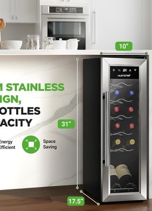 Nutrichef 12 Bottle Stainless Steel Slim Wine Fridge | Red & White Wine Chiller | Adjustable Temperature Control, Ultra Quiet Operation & Energy Efficient | Mini Wine Cooler Refrigerator | 31x10x17 IN