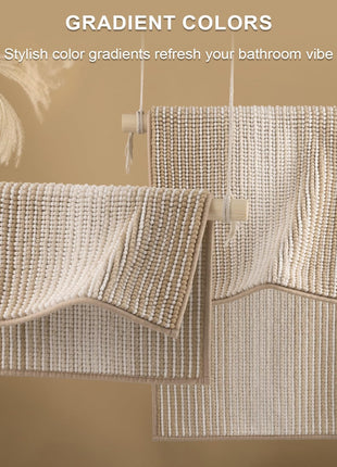 Bathroom Rugs and Mats Sets, 2 Piece Thick Absorbent Chenille Bath Mat Rug Set Non Slip, Soft Shaggy Bath Floor Mats for Bathroom, Machine Washable (20" x 47" Plus 16" x 24", Beige)