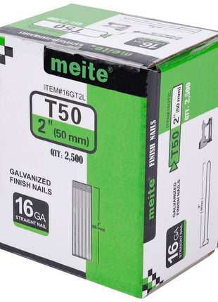 meite 16 Gauge Finish Nails 2 Inch Galvanized Straight Finish Nails for Pneumatic Cordless Finish Nailer Gun, Small T-Head Trim Nails for Baseboard Crown Molding Cabinet Casing, 1 Box/2500PCS