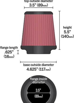 K&N High-Flow Original Lifetime Universal Clamp-On Air Filter: Performance, Premium, Washable: Flange Diameter: 3.5 In, Filter Height: 5.5 In, Flange Length: 0.625 In, Shape: Round Tapered, RU-3550