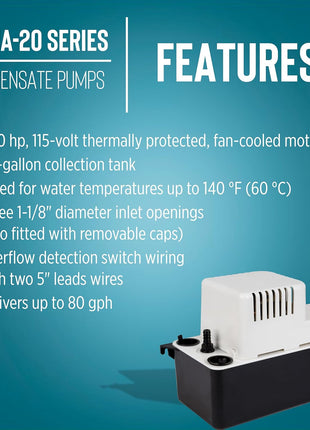 Little Giant VCMA-20ULST 115 Volt, 80 GPH, 1/30 HP Automatic Condensate Removal Pump for HVAC/Refrigeration Systems/Dehumidifiers with Overflow Detection Switch and 20-Foot Tubing, White/Black, 554435