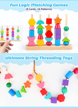 Montessori Wooden Beads Sequencing Toy Set, Stacking Blocks & Lacing Beads & Matching Shape Stacker, Montessori Toys for 3 4 5 Year Old STEM Preschool Learning Toys Gifts for Kids Boy Girl Toddler