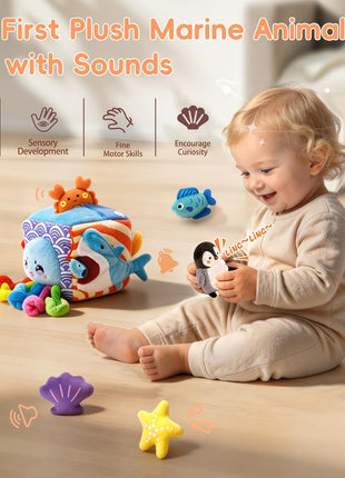 Baby Toys 6-12 Months, Montessori Sensory Toys with 5 Plush Sea Animals | Soft Mystery Box with Crinkle,Squeaky,Rattle & Mirror for Fine Motor Play & Multi-Sensory Learning,Gifts for Infants & Babies