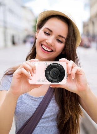 Digital Camera, 4K 64MP, 18X Zoom, Point and Shoot Digital Camera with 64GB TF Card & 2 Batteries, Portable Rechargeable Small Camera for Kids Teens Adult, Pink
