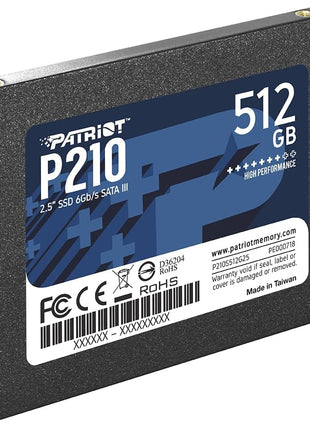 Patriot P210 512GB Internal SSD - SATA 3 2.5" - Solid State Drive - P210S512G25 | Form factor: 2.5"; Interface: SATA 3.
