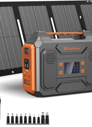 Portable Solar Generator, 300W Portable Power Station with Foldable 60W Solar Panel, 110V Pure Sine Wave 280Wh Lithium Battery Pack with USB DC AC Outlet for Home Use RV Van Outdoor Camping-Orange