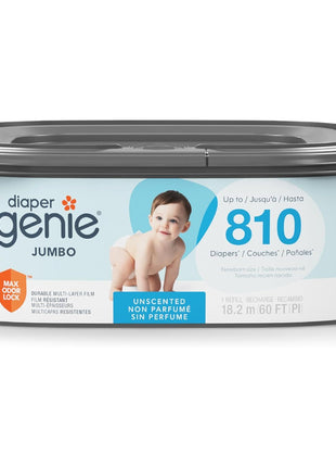 Diaper Genie Jumbo Square Refill, with Continuous Film, can Hold up to 810 Newborn-Sized Diapers per Refill.