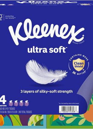 Kleenex Ultra Soft Facial Tissues, 4 Cube Boxes, 60 Tissues per Box