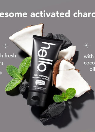 hello Epic Whitening Charcoal Fluoride Free Toothpaste, Activated Charcoal Toothpaste with Coconut Oil, Whitens Teeth Naturally, SLS Free, Fresh Mint, 4.0 Oz Tube