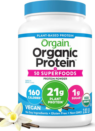 Orgain Organic Vegan 21g Protein + Superfoods Powder, Vanilla Bean, 2.02lb | Plant based protein, 50 superfoods, 8g prebiotic fiber, gluten free, no added sugar, non-GMO, no lactose ingredients