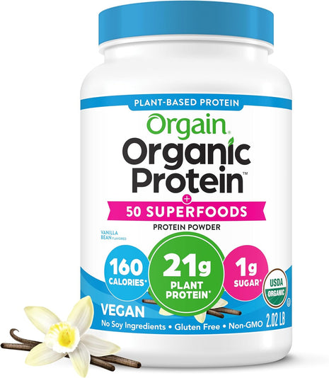 Orgain Organic Vegan 21g Protein + Superfoods Powder, Vanilla Bean, 2.02lb | Plant based protein, 50 superfoods, 8g prebiotic fiber, gluten free, no added sugar, non-GMO, no lactose ingredients