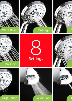 AquaCare High Pressure 8 mode Handheld Shower Head   Anti clog Nozzles, Built in Power Wash to Clean Tub, Tile & Pets, Extra Long 6 ft. Stainless Steel Hose, Wall & Overhead Brackets