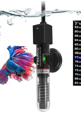 PULACO 25W Small Aquarium Submersible Betta Heater with Free Thermometer Strip, Under 6 Gallon Fish Tanks (Preset Temperature 78芒聞聣)