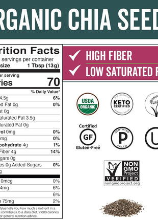 Viva Naturals Organic Chia Seeds, 2 lb, 32 Oz – Plant-Based Omega-3 and Vegan Protein, Gluten Free & Non-GMO, Perfect for Smoothies, Salads & Chia Pudding