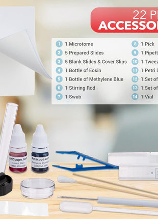 AmScope Microscope Slide Preparation Kit - Includes Blank Microscope Slides, Eosin Red & Methylene Blue Stain Powders, Tweezers, Swab & More - 22-Piece Kit