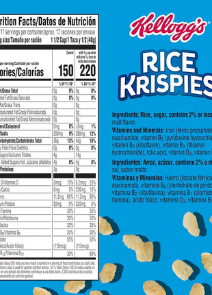 Kellogg's Rice Krispies Cold Breakfast Cereal, 8 Vitamins and Minerals, Rice Krispies Treats, Giant Size, Original, 24oz Box (1 Box)