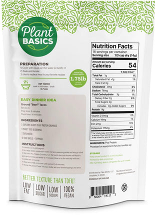 Plant Basics - Hearty Plant Protein - Unflavored Crumbles, 8 oz, Made from Peas, Non-GMO, Gluten Free, Low Fat, Low Sodium, Vegan, Meat Substitute
